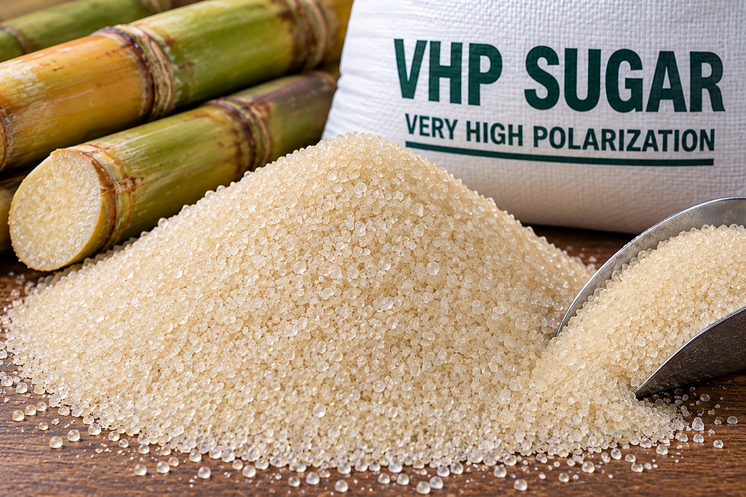 Cristais de açúcar bruto ao lado de uma saca com identificação VHP Sugar