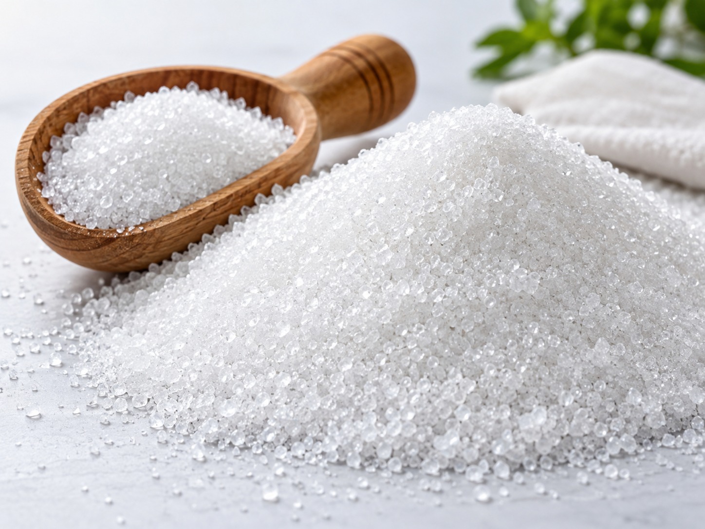 Cristais de açúcar branco ao lado de uma concha de madeira