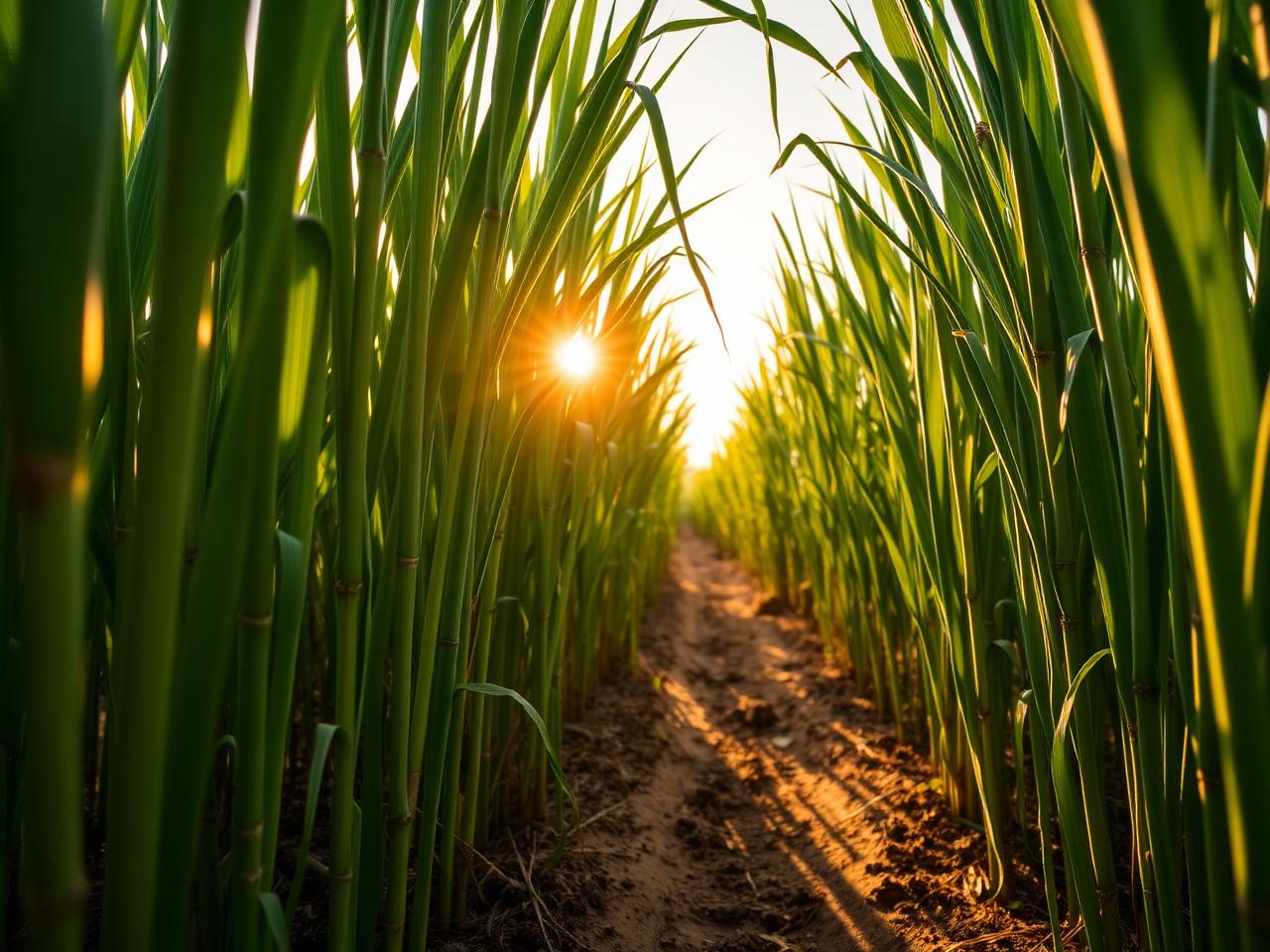 Sugarcane stalks growing in a field at sunset